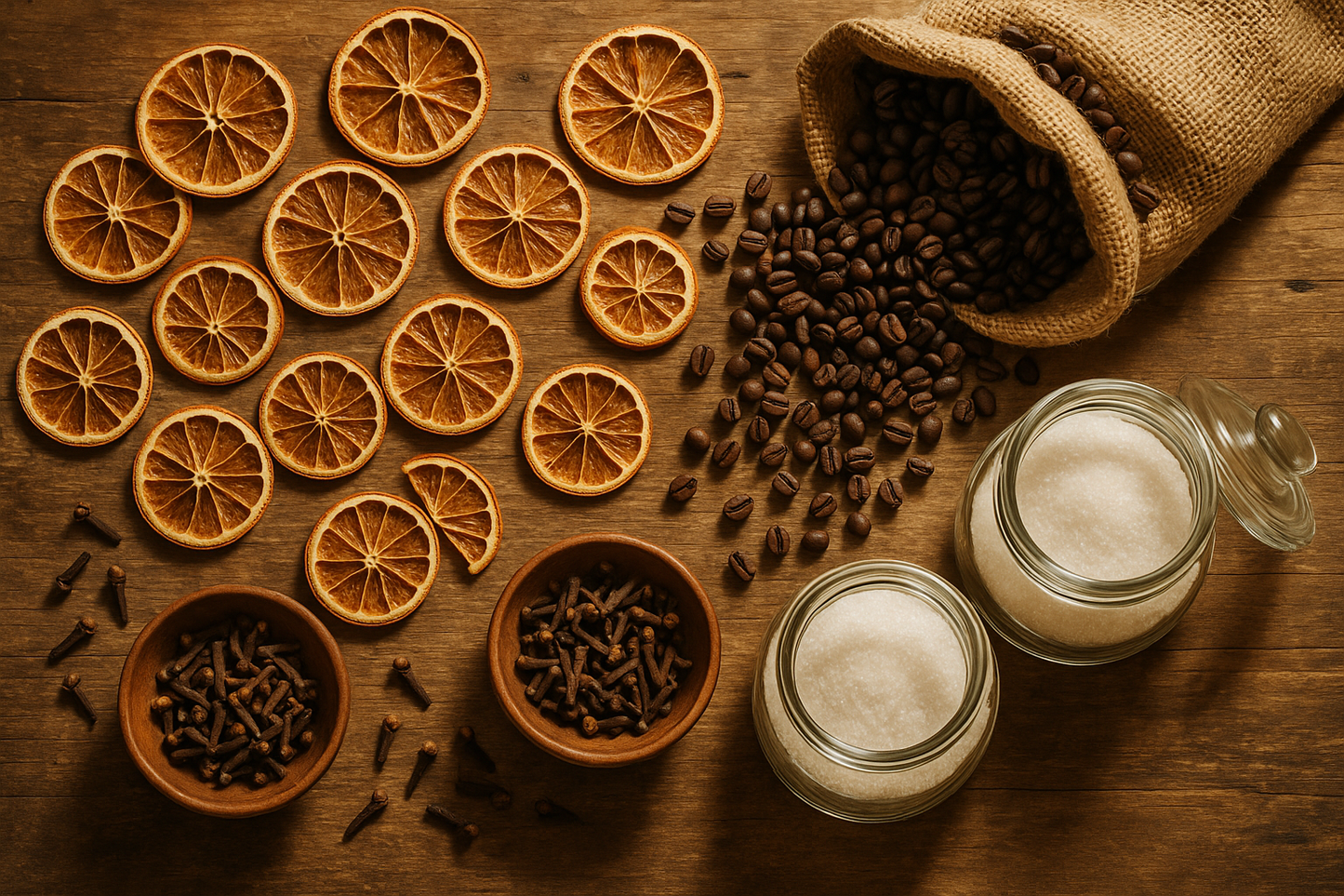 a bakers table with ingredients, dried oranges, cloves, sugar, and coffee