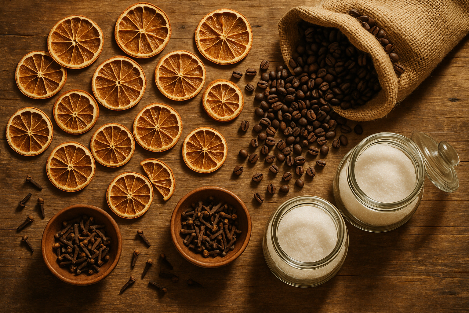 a bakers table with ingredients, dried oranges, cloves, sugar, and coffee